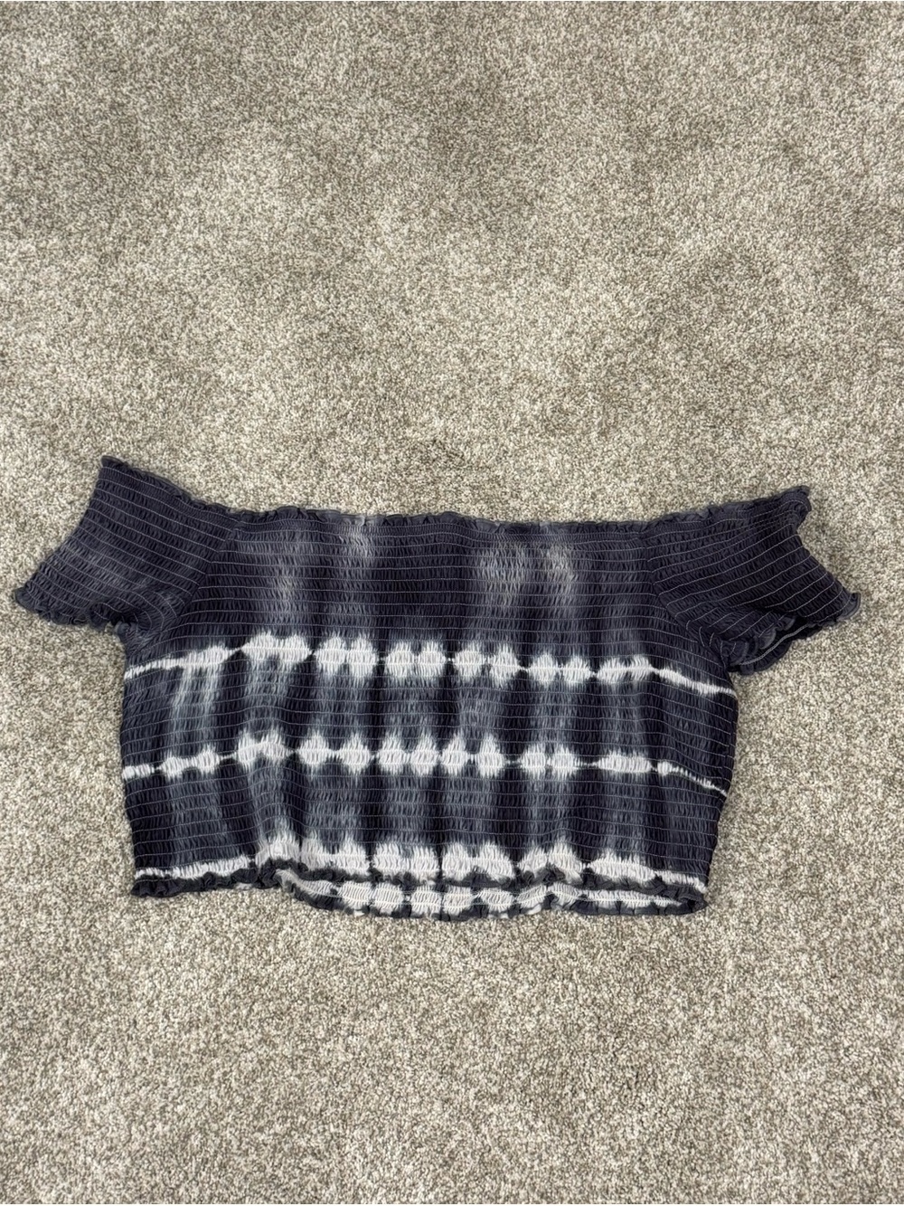 American Eagle Outfitters Blue & White Tie-Dye Off-Shoulder Smocked Crop Top